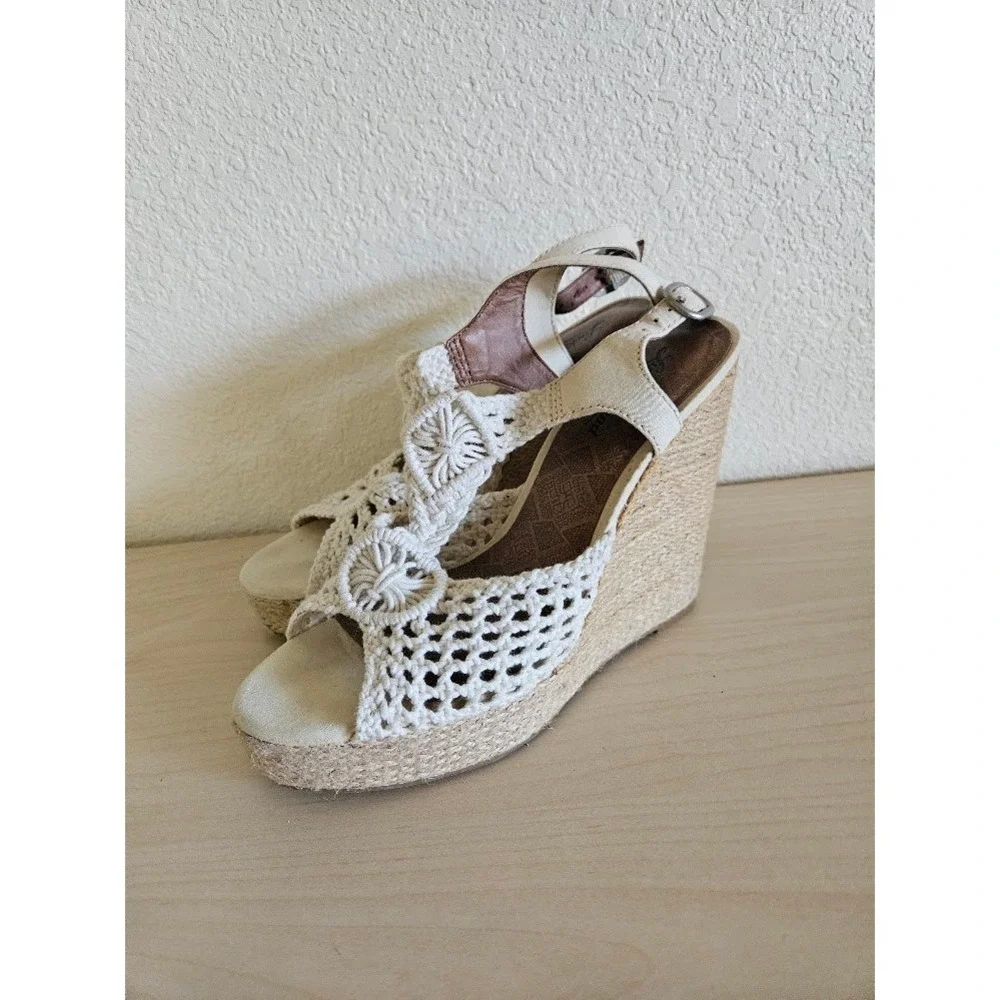 Lucky Brand Macrame Crochet Sandals Wedge Heels Cream Women Size 8 Boho